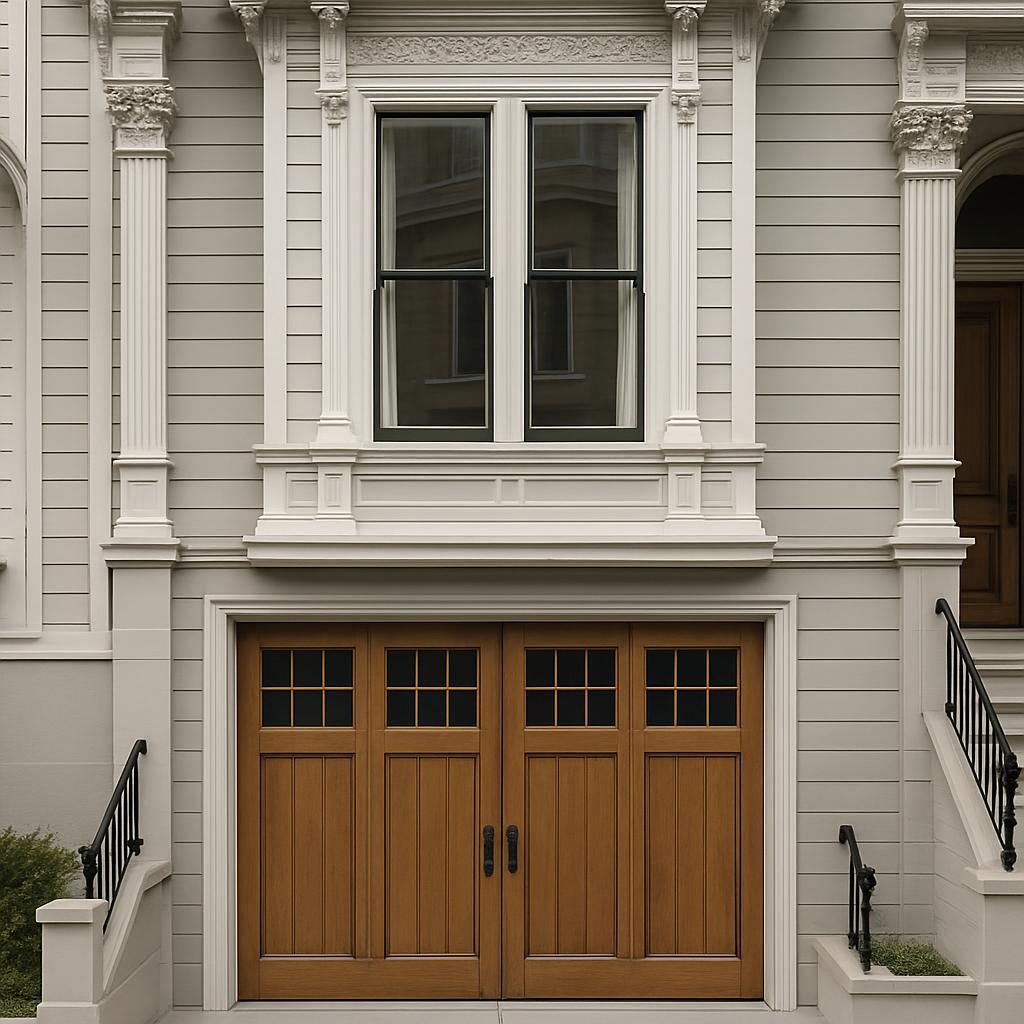 The house-style features a wooden garage door with glass inserts, accompanied by decorative columns and balustrades in front.