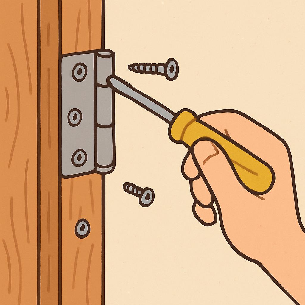Hand tightening screw by handle of door latch on a door with screws laying nearby.