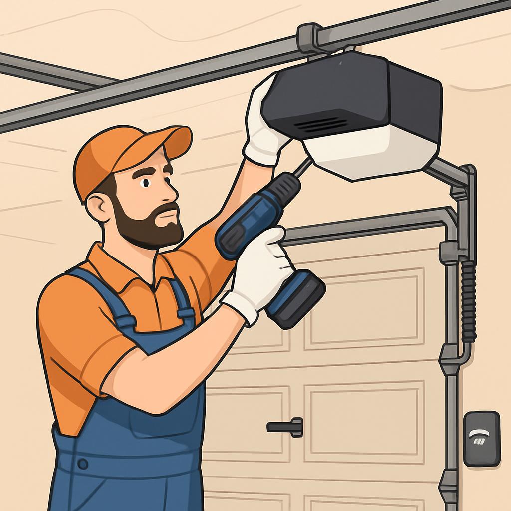 A man is fixing a garage door by holding a drill above the door.