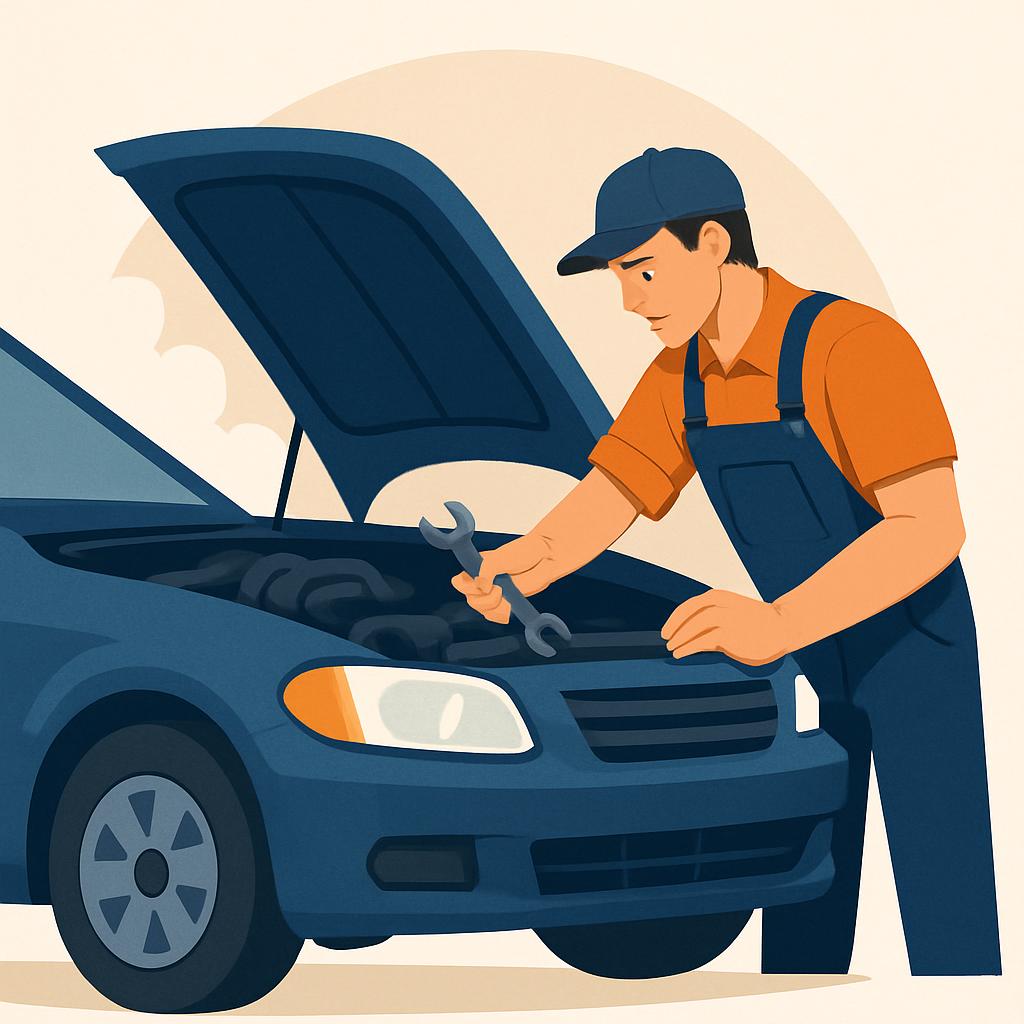 A man in an orange polo shirt and blue overalls, leaning over the open hood of a blue car to inspect it. He wears a blue h...